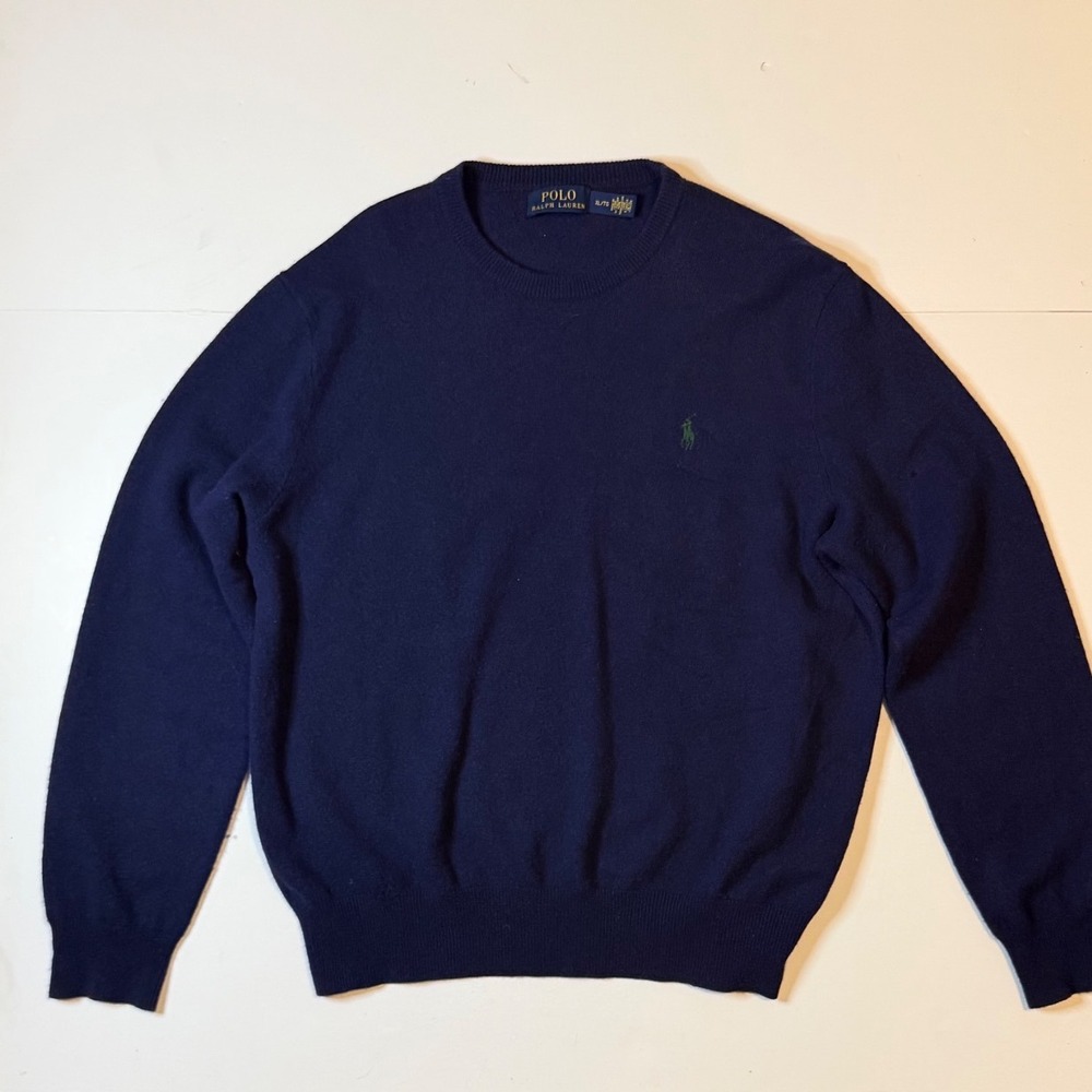 Polo Ralph Lauren Wool Sweater Mens XL Navy Blue Crewneck Green Pony